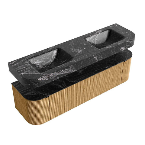MONDIAZ THOR-DLUX Meuble de salle de bains - 170cm - arrondi gauche + droite - couleur Oak - 1 tiroir et 2 portes - Vasque suspendue CLOUD Double sans trou de robinet - couleur Lava SW1465438