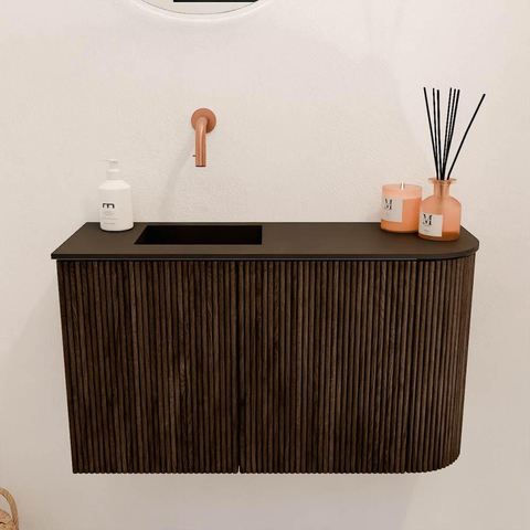 Mondiaz JOYA 71.6cm toiletmeubel - ronding rechts kleur Walnut - Wastafel FAYE positie Links Zonder kraangat kleur Urban. SW1421391
