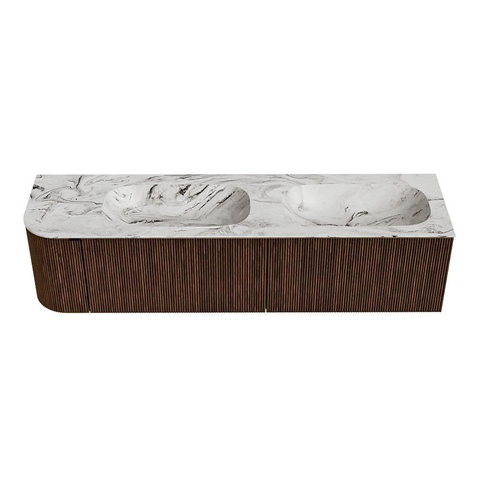 MONDIAZ KURVE-DLUX Meuble de salle de bains 175cm avec module 25 L couleur Walnut avec 2 tiroirs et 1 porte. Lavabo STOR SMALL double / à droite sans trou de robinet couleur Glace. SW1138086