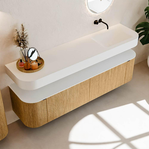 MONDIAZ THOR Meuble de salle de bains 180cm arrondi gauche + droite couleur Oak avec 2 tiroirs et 2 portes. Vasque suspendue CLOUD Droite sans trou de robinet couleur Talc. SW1465884