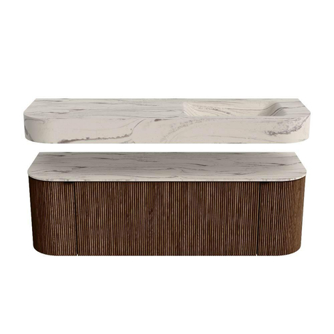 MONDIAZ THOR-DLUX 140cm meuble de salle de bains arrondi gauche + droite couleur Walnut avec 1 tiroir et 2 portes. Vasque suspendue CLOUD droite sans trou de robinet couleur Nata. SW1464473
