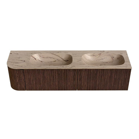 MONDIAZ KURVE-DLUX 175cm meuble de salle de bains avec arrondi à gauche couleur Walnut avec 2 tiroirs et 1 porte. Lavabo STOR SMALL Double / Droite sans trou de robinet Arena. SW1431249