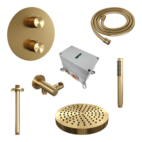 BRAUER Stripe Douche de pluie thermostatique encastrable - 3 voies - ronde - SET 39 - pomme de douche 25cm - bras plafond - douchette sur barre - flexible de douche - coude mural - PVD doré brossé SW1434863