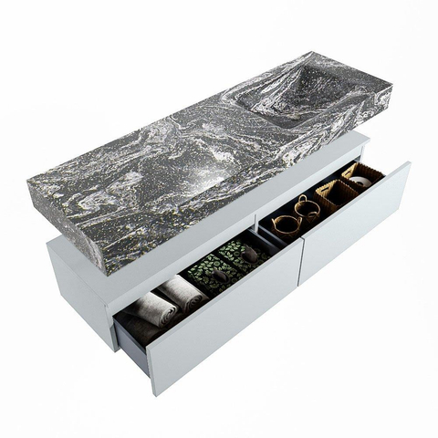 Mondiaz ALAN-DLUX Ensemble de meuble - 150cm - meuble Clay mat - 2 tiroirs - Lavabo Cloud Lava suspendu - vasque Droite - 0 trous de robinet SW808611