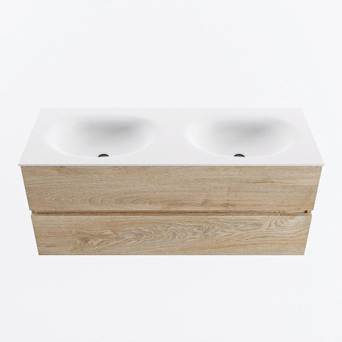 MONDIAZ VICA meuble sous lavabo 120cm Chêne blanchi 2 tiroirs. Lavabo MOON double 2 trous de robinet, couleur Talc. SW1381936