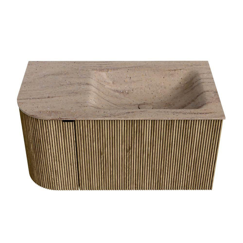 MONDIAZ KURVE-DLUX Meuble de salle de bains 85cm arrondi à gauche couleur Dusk avec 1 tiroir et 1 porte. Lavabo CLOUD à droite sans trou de robinet Saba. SW1433314