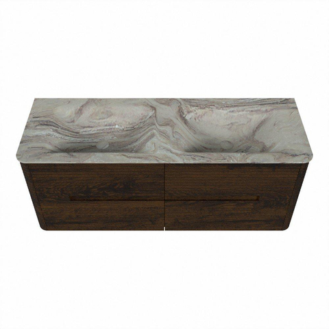 Mondiaz CIRO-DLUX Badkamermeubelset - 130x45x50cm - Solid surface wastafel Glace - 2 wasbak Dubbel - 2 kraangaten - 4 lades - Walnut SW1530305