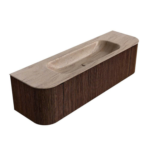 MONDIAZ KURVE-DLUX Meuble de salle de bains 160cm arrondi Gauche + Droit couleur Walnut avec 1 tiroir et 2 portes. Lavabo BIG MEDIUM Central sans trou de robinet Saba. SW1433180