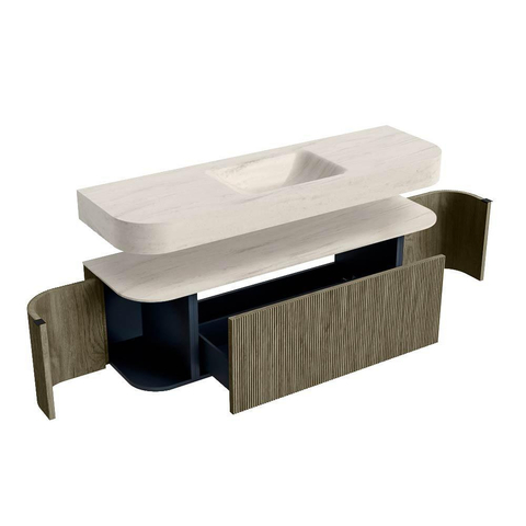 MONDIAZ THOR-DLUX 150cm meuble de salle de bains arrondi gauche + droite couleur Shadow avec 1 tiroir et 2 portes. Vasque suspendue CLOUD Milieu 1 trou de robinet couleur Meli. SW1464810