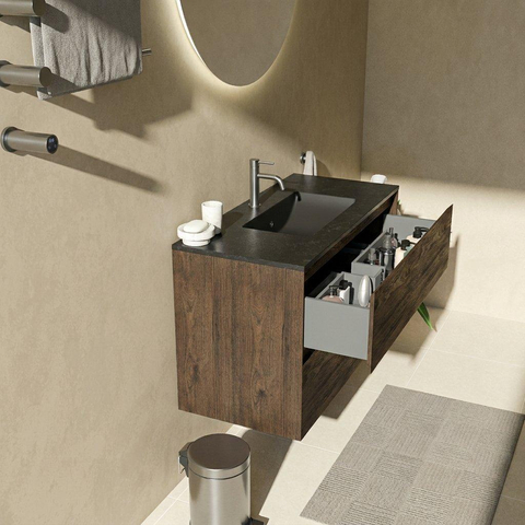 Saniclass Holz Pure Badkamermeubelset - 100x45x62cm - Vygo keramische wastafel zwart - 1 wasbak - 1 kraangat - 2 lades - mat eiken charcoal (hout) SW1478979