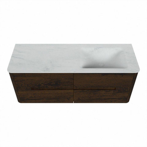 Mondiaz CIRO-DLUX Ensemble de meubles de salle de bains - 130x45x50cm - lavabo Solid surface Opalo - 1 vasque à droite - sans trous de robinet - 4 tiroirs - Noyer SW1530502