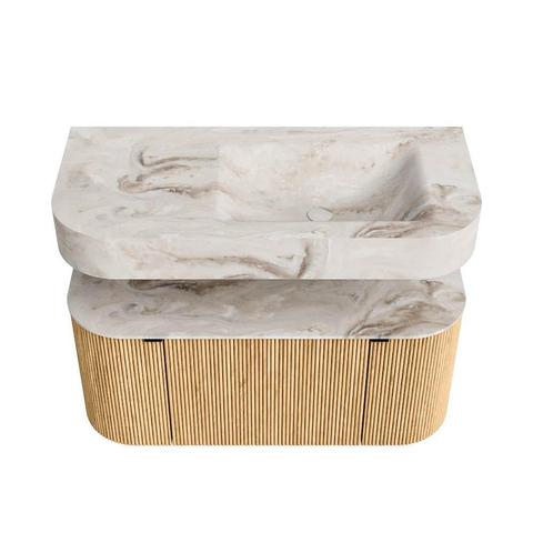 MONDIAZ THOR-DLUX 100cm meuble de salle de bains arrondi gauche + droite couleur Oak avec 1 tiroir et 2 portes. Vasque suspendue CLOUD droite sans trou de robinet couleur Frappe. SW1467295