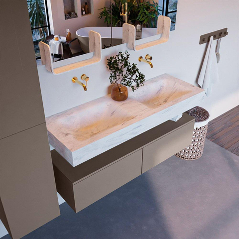 Mondiaz ALAN-DLUX Ensemble de meuble - 130cm - meuble Smoke mat - 2 tiroirs - Lavabo Cloud Opalo suspendu - vasque Gauche et droite - 0 trous de robinet SW806603