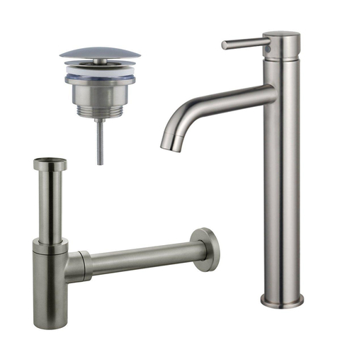 Fortifura Calvi Kit mitigeur lavabo - robinet rehaussé - bonde nonobturable - siphon design - PVD Inox brossé SW911748