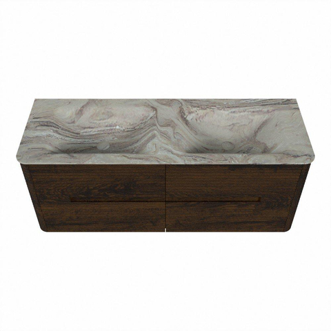 Mondiaz CIRO-DLUX Ensemble de meubles de salle de bains - 130x45x50cm - lavabo en solid surface Glace - 2 vasques double - sans trous de robinet - 4 tiroirs - Noyer SW1530249