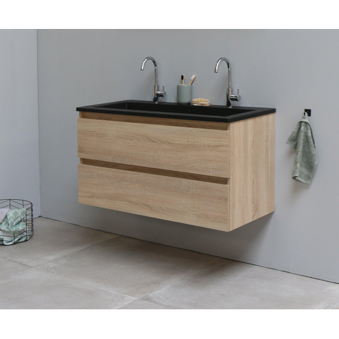 Basic Bella Meuble salle de bains avec lavabo acrylique Noir 100x55x46cm 2 trous de robinet Chêne SW491744
