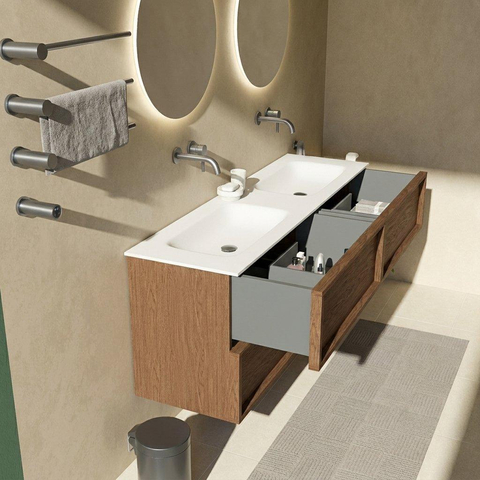 Saniclass Holz Frame Ensemble meuble de salle de bains - 160x45x61.5cm - Plan vasque Flow en solid surface blanc - 2 vasques - sans trous de robinetterie - 4 tiroirs - walnut pure mat (bois) SW1579784