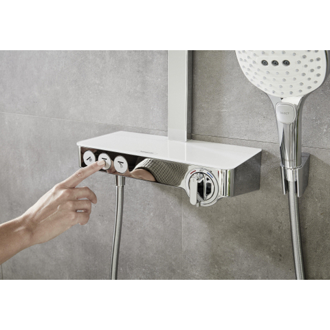 Hansgrohe Raindance Select E 300 - showerpipe: - met Showertablet - 300 opbouwkraan - thermostatisch - met handdouche - 3jet en hoofddouche - 3jet wit/chroom - thermostaat - wit chroom 0452234