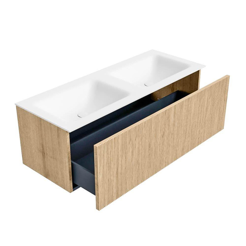 MONDIAZ KURVE Meuble de salle de bains 120 cm couleur Oak avec 1 tiroir. Lavabo CLOUD double 2 trous de robinet Talc. SW1138210