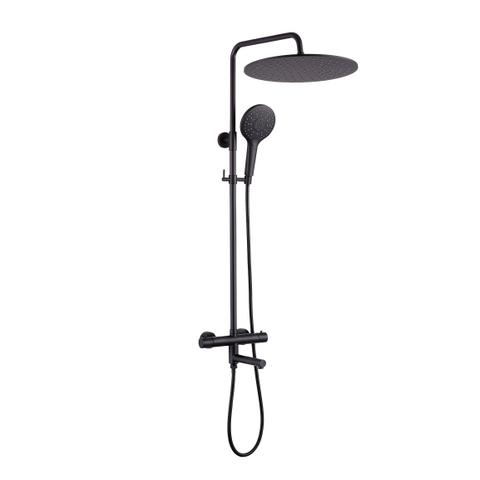 Fortifura Calvi Regendoucheset - thermostatisch - 30cm hoofddouche - metalen slang - ronde handdouche - draaibare baduitloop - mat zwart SW1592492