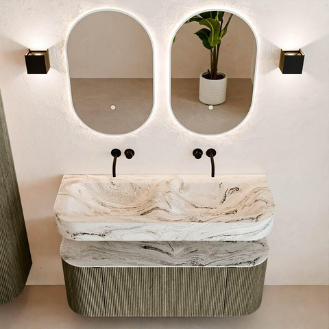 MONDIAZ THOR-DLUX 120cm badmeubel ronding links + rechts kleur Shadow met 1 lade en 2 deuren. Vrijhangende wastafel CLOUD Dubbel zonder kraangat kleur Glace. SW1463133