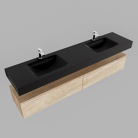 MONDIAZ ALAN 200cm - meuble bas - chêne blanchi - 2 tiroirs - lavabo suspendu - 2 vasques - 2 trous de robinet - urban SW408701