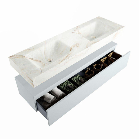 Mondiaz ALAN-DLUX Ensemble de meuble - 150cm - meuble Clay mat - 1 tiroir - Lavabo Cloud Frappe suspendu - vasque Gauche et droite - 0 trous de robinet SW805358