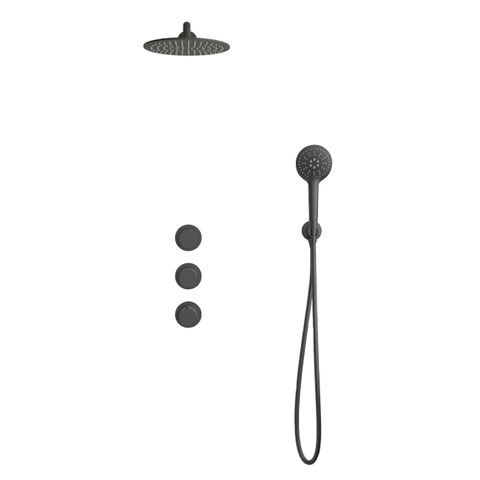Fortifura Nebbio Regendoucheset - inbouwkraan - inbouwdeel - wandaansluitbocht - doucheslang glad - ronde handdouche - 35cm - wandarm - 30cm ronde hoofddouche - PVD - geborsteld gunmetal (antraciet) SW1237506