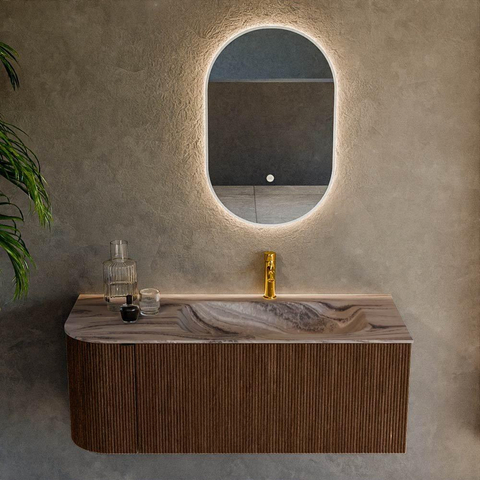 MONDIAZ KURVE-DLUX 115cm badmeubel ronding Links kleur Walnut met 1 lade en 1 deur. Wastafel BIG SMALL Rechts 1 kraangat Sombra. SW1433662