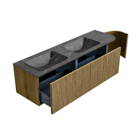 Mondiaz KURVE-DLUX Badkamermeubelset - 155x46x40cm - 2 lade - 1 deur - wastafel solid surface - dubbel / links - zonder kraangat - Dusk SW1415552