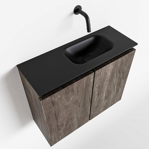 MONDIAZ TURE Toiletmeubel 60x23x50cm met 0 kraangaten 2 deuren dark brown mat Wastafel Eden rechts Solid Surface Zwart SW475535