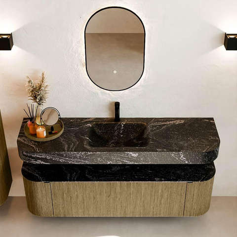MONDIAZ THOR-DLUX 160cm meuble de salle de bains arrondi gauche + droite couleur Dusk avec 1 tiroir et 2 portes. Vasque suspendue CLOUD Milieu 1 trou de robinet couleur Lava. SW1465248