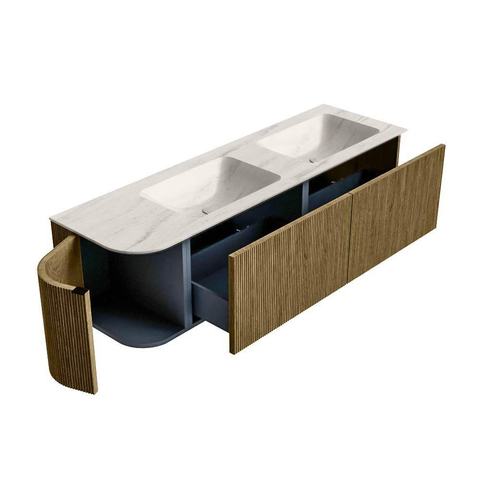 MONDIAZ KURVE-DLUX Meuble de salle de bains 155cm arrondi à gauche couleur Dusk avec 2 tiroirs et 1 porte. Lavabo LEAF Double / Droite 2 trous de robinet Meli. SW1431926