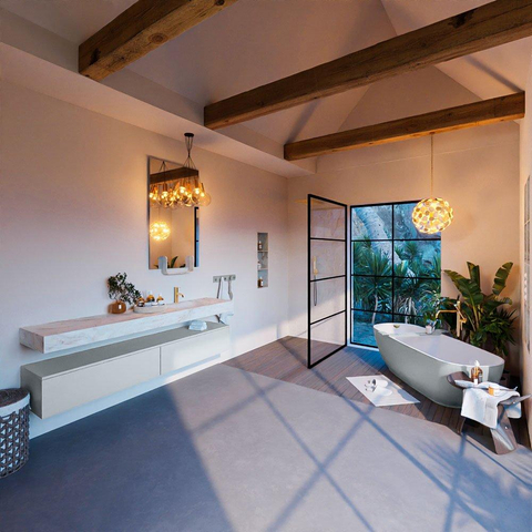MONDIAZ ALAN - DLUX Ensemble de meuble de salle de bains - 200cm - meuble bas - Clay - 2 tiroirs - lavabo suspendu - vasque à droite - 1 trou de robinet - Frappe SW804888