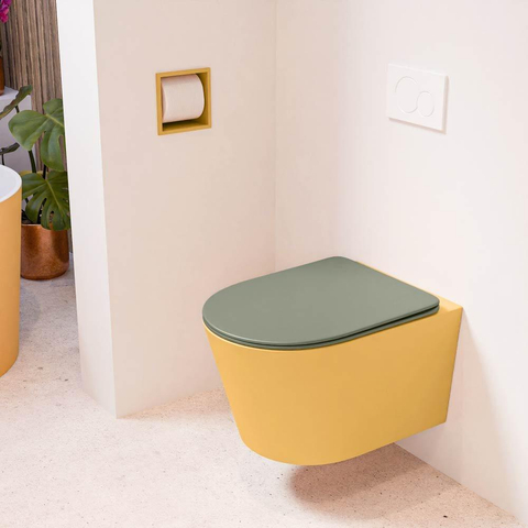 Mondiaz LAVIE hangtoilet – spoelrandloos – 36 x 53 cm – met softclose zitting – Ocher (geel), zitting Army (groen) SW1208575