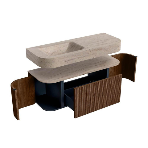 MONDIAZ THOR-DLUX 120cm badmeubel ronding links + rechts kleur Walnut met 1 lade en 2 deuren. Vrijhangende wastafel CLOUD Links 1 kraangat kleur Saba. SW1463455