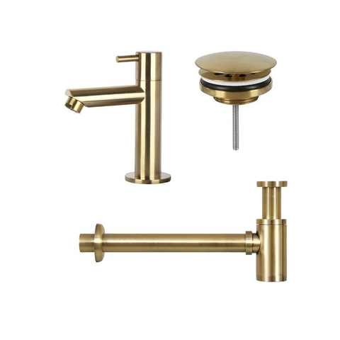 Differnz koudwaterkraan 13.4x8.2cm recht - afvoerplug - sifon - mat goud SHOW26839
