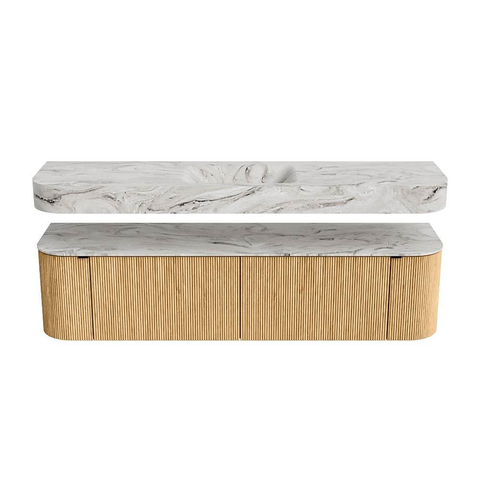 MONDIAZ THOR-DLUX 180cm meuble de salle de bains arrondi gauche + droite couleur Oak avec 2 tiroirs et 2 portes. Vasque suspendue CLOUD Milieu sans trou de robinet couleur Glace. SW1465894