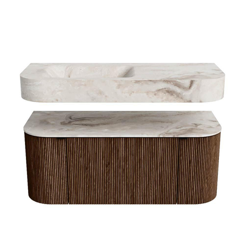 MONDIAZ THOR-DLUX 110cm badmeubel ronding links + rechts kleur Walnut met 1 lade en 2 deuren. Vrijhangende wastafel CLOUD Links zonder kraangat kleur Frappe. SW1462788