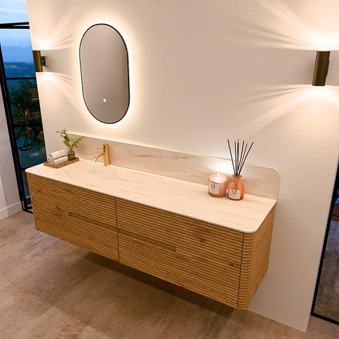 Mondiaz CIRO-DLUX Meuble de salle de bains - 180x45x50cm - lavabo solid surface Meli - 1 vasque à gauche - 1 trou de robinet - 4 tiroirs - Chêne SW1531427