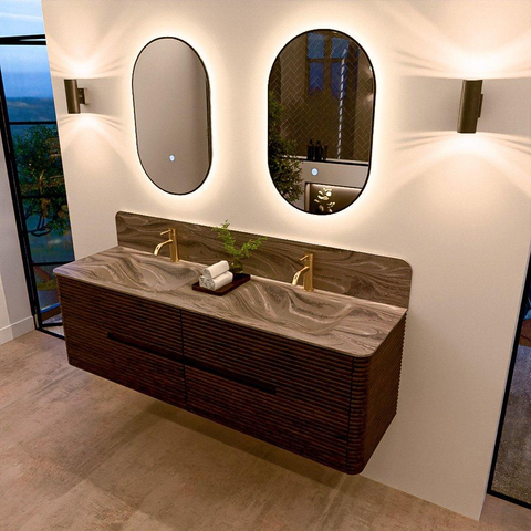 Mondiaz CIRO-DLUX Badkamermeubelset - 160x45x50cm - Solid surface wastafel Sombra - 2 wasbak Dubbel - 2 kraangaten - 4 lades - Walnut SW1530773