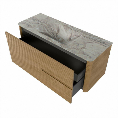 Mondiaz CIRO-DLUX Meuble de salle de bains - 120x45x50cm - Plan-vasque solid surface Glace - 1 vasque au milieu - sans trous de robinet - 2 tiroirs - Chêne SW1530848