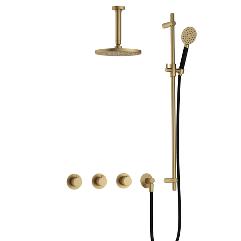 Hotbath Cobber IBS70 Regendoucheset - inbouw - 15cm plafondarm - 20cm ronde hoofddouche - 1 stand handdouche - glijstang - geborsteld messing goud SW677656
