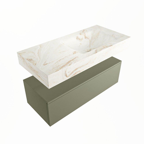 Mondiaz ALAN-DLUX Ensemble de meuble - 100cm - meuble Army mat - 1 tiroir - Lavabo Cloud Frappe suspendu - vasque Droite - 0 trous de robinet SW805435