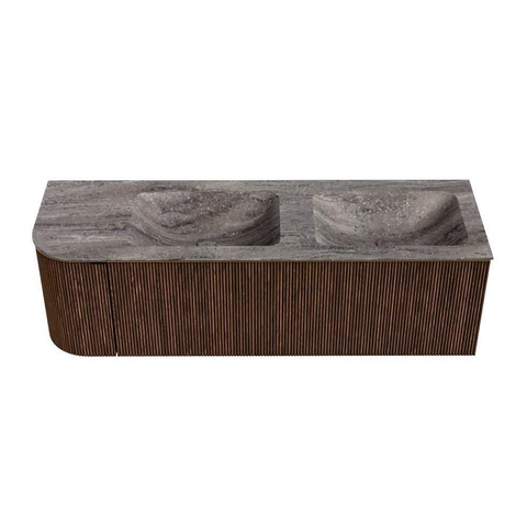 MONDIAZ KURVE-DLUX 145cm badmeubel ronding Links kleur Walnut met 1 lade en 1 deur. Wastafel LEAF Dubbel / Rechts 2 kraangaten Oza. SW1432472