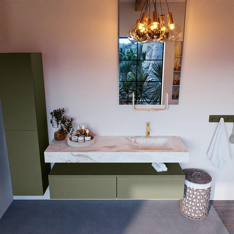 Mondiaz ALAN-DLUX Ensemble de meuble - 150cm - meuble Army mat - 2 tiroirs - Lavabo Cloud Frappe suspendu - vasque Droite - 1 trou de robinet SW804837