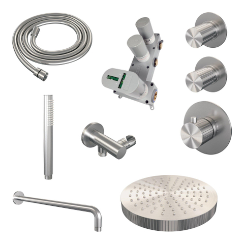 BRAUER Stripe Thermostatische Inbouw Regendouche - SET 02 - 25cm douchekop - gebogen muurarm - staaf handdouche - doucheslang - wandaansluitbocht - RVS-kleurig geborsteld PVD SW1435064
