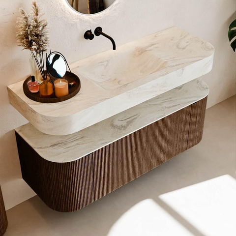 MONDIAZ THOR-DLUX 130cm meuble de salle de bains arrondi gauche + droite couleur Walnut avec 1 tiroir et 2 portes. Vasque suspendue CLOUD Milieu sans trou de robinet couleur Ostra. SW1463599