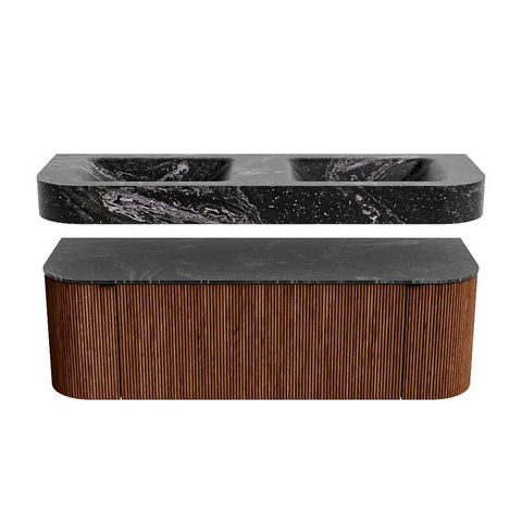 MONDIAZ THOR-DLUX 140cm badmeubel ronding links + rechts kleur Ruby met 1 lade en 2 deuren. Vrijhangende wastafel CLOUD Dubbel zonder kraangat kleur Lava. SW1464105
