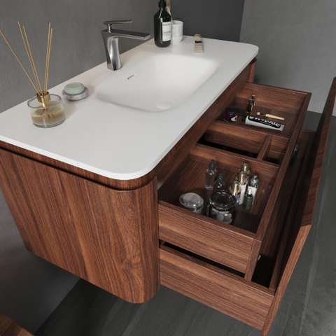 Royal Plaza Terra Ensemble meuble de salle de bains - 100x46.2x46cm - vasque en solid surface blanc mat - 1 vasque - 1 trou de robinet - 2 tiroirs - châtaignier (noyer) SW1447026